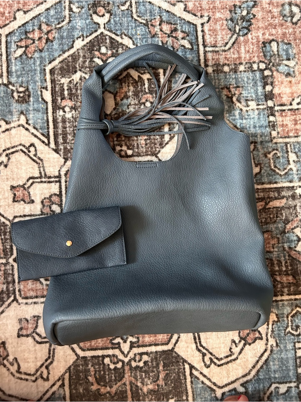 Women’s Faux Leather Slouchy Hobo Tote Bag with Tassel Accent in Slate Blue